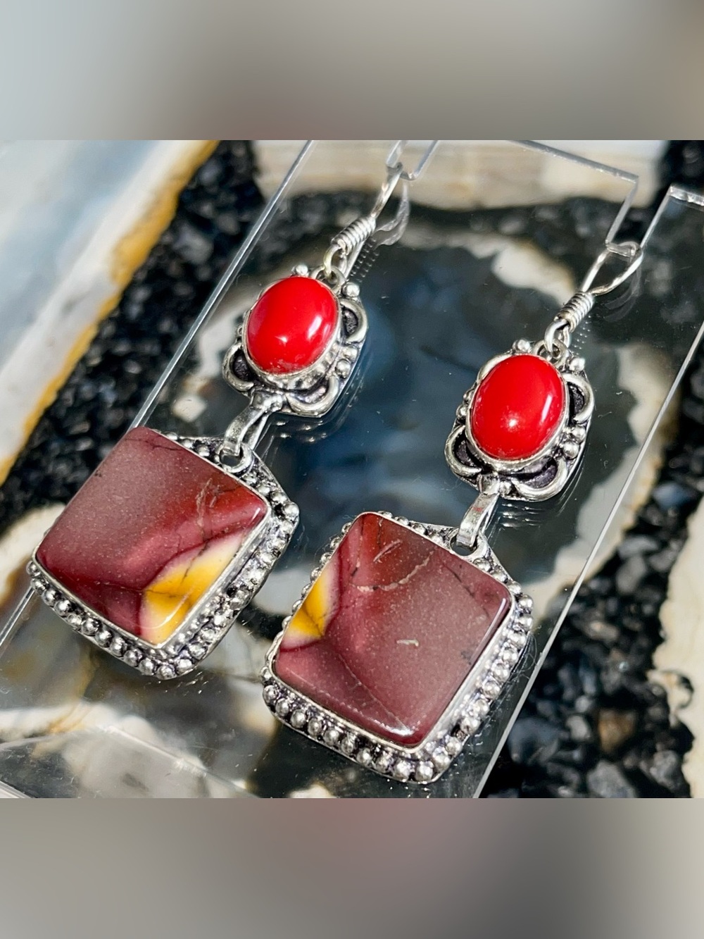 Burgundy Mookaite Jasper & Red Coral Earrings 2 1/4”